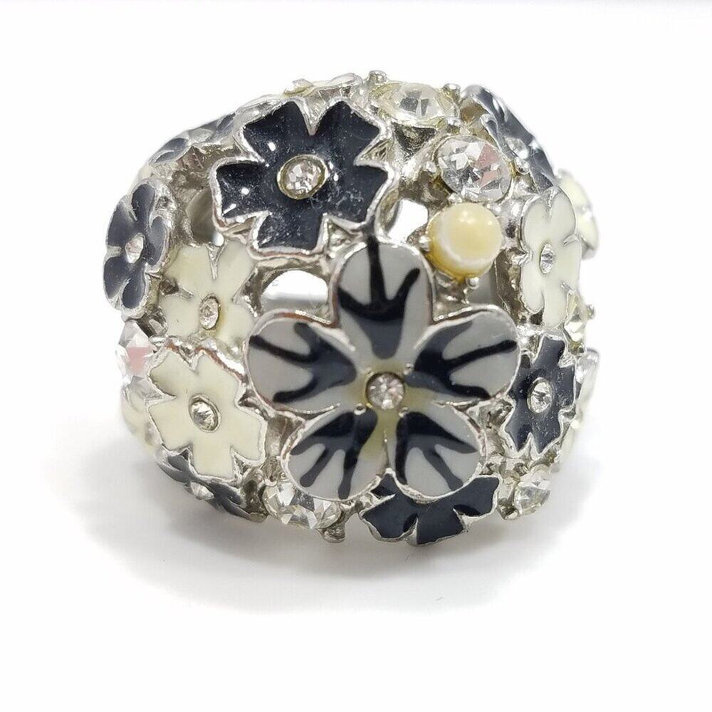 Enamel Floral Statement Ring Black Gray White Rhinestones Size 6.5 Vintage